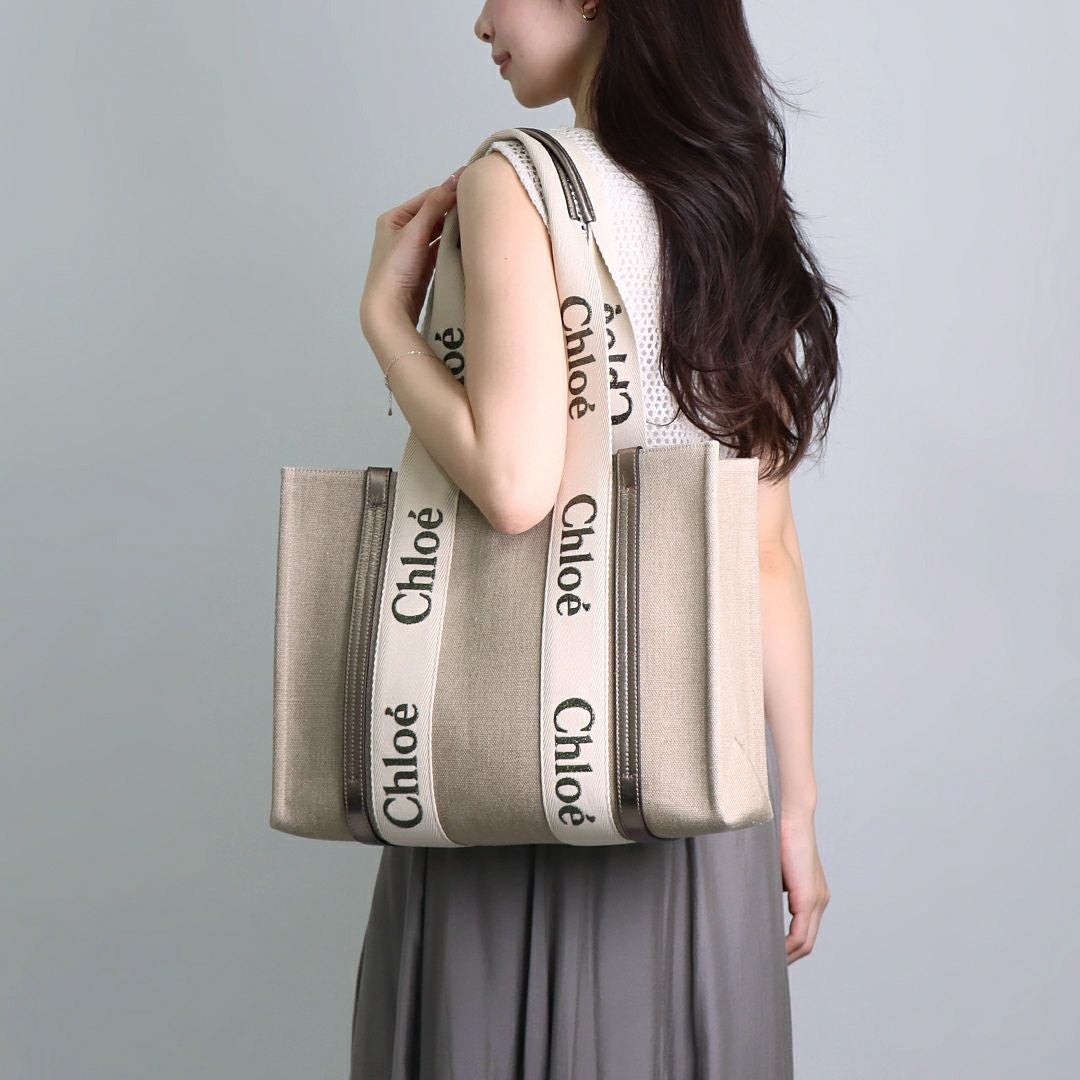 y*n様 Chloé ウッディ　トートバッグ ベージュ/ブラック キャンバス クロエ CHLOE トートバッグ WOODY ウッディ MEDIUMミディアム